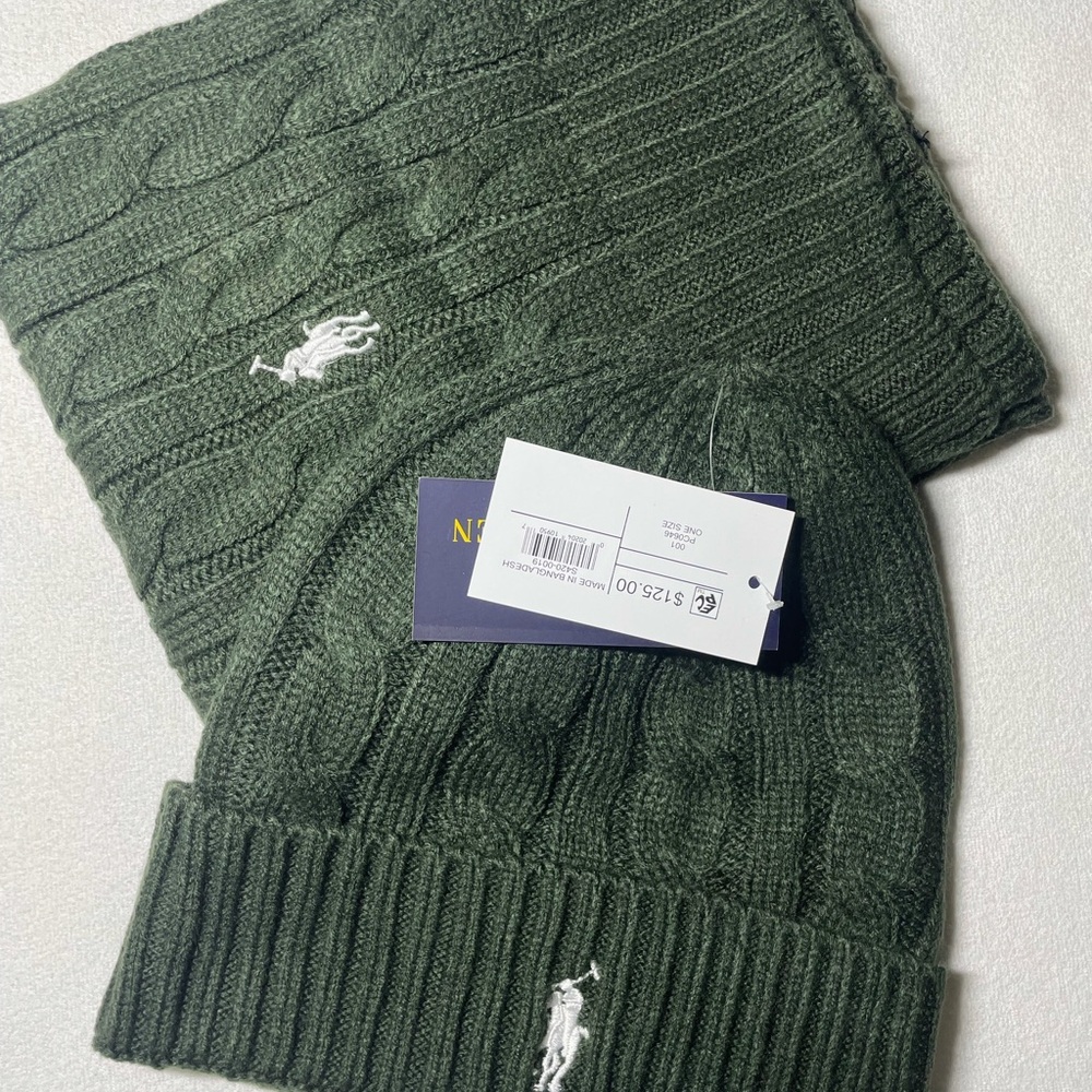 Ralph Lauren Olive Knit Beanie and Scarf Set